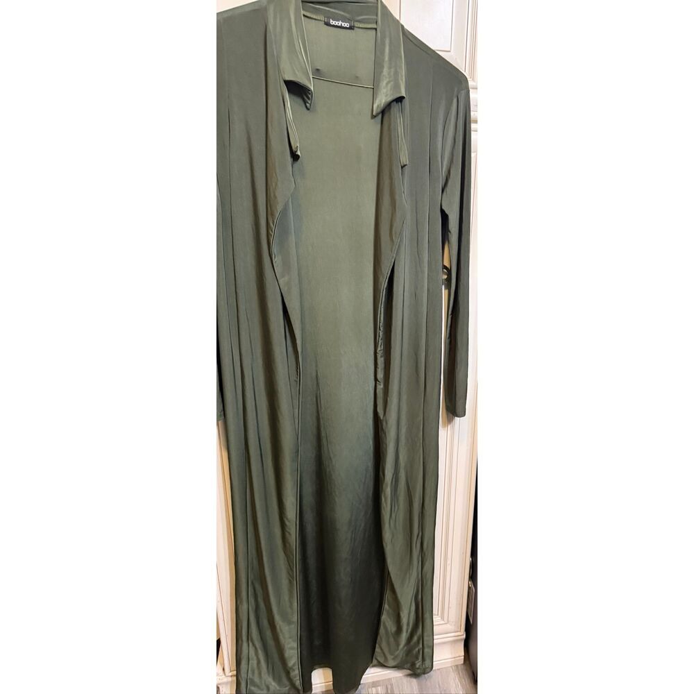 Boohoo Women's Slinky Collared Long Open Front Duster Jacket Olive Green Size 8